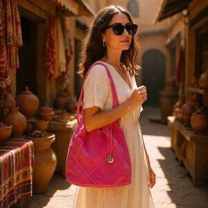 👜 Donald J Pliner Pink Faux Suede Drawstring Shoulder Bag